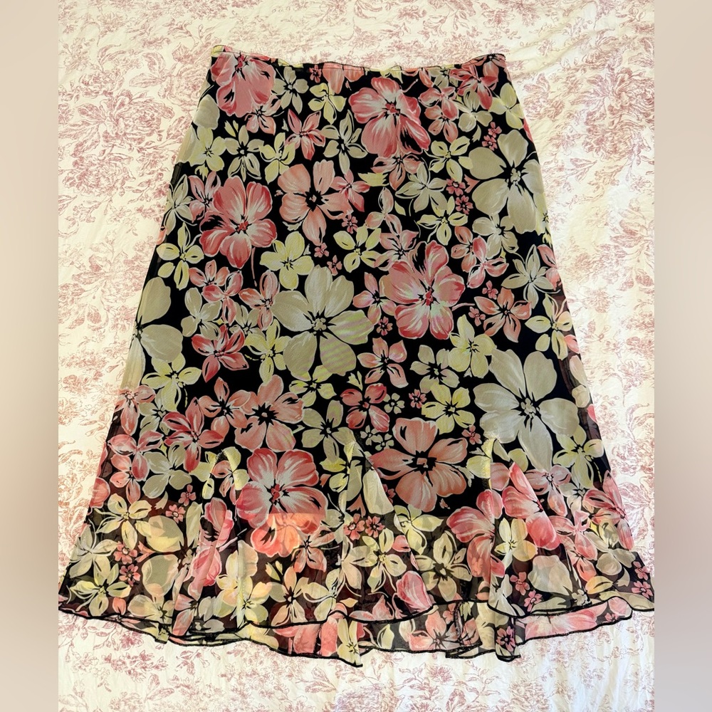 Floral A-Line Midi Skirt in Black with Pink & Cream Blooms